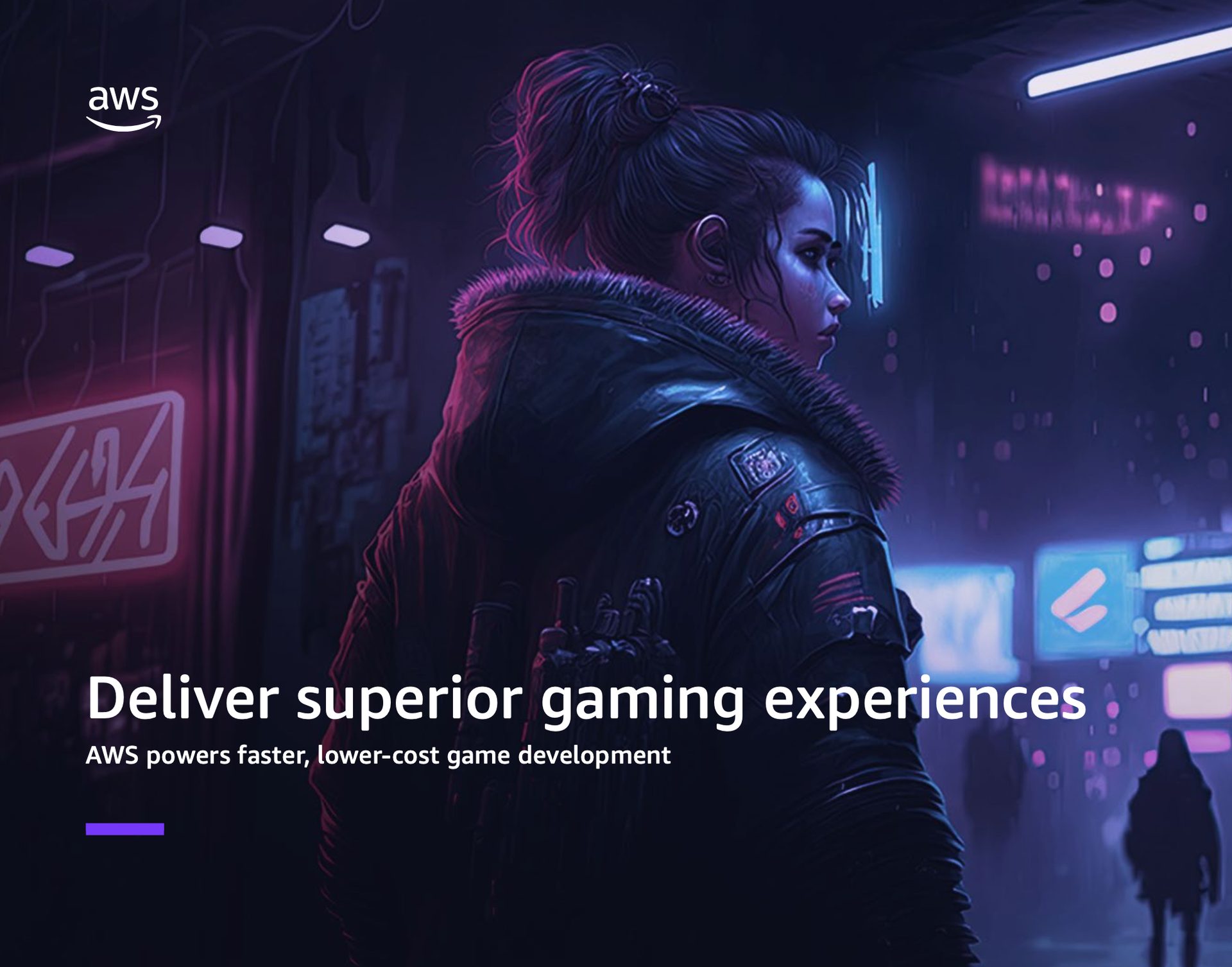 AWS logo. Cyberpunk woman, neon city. Text: "Deliver superior gaming experiences."