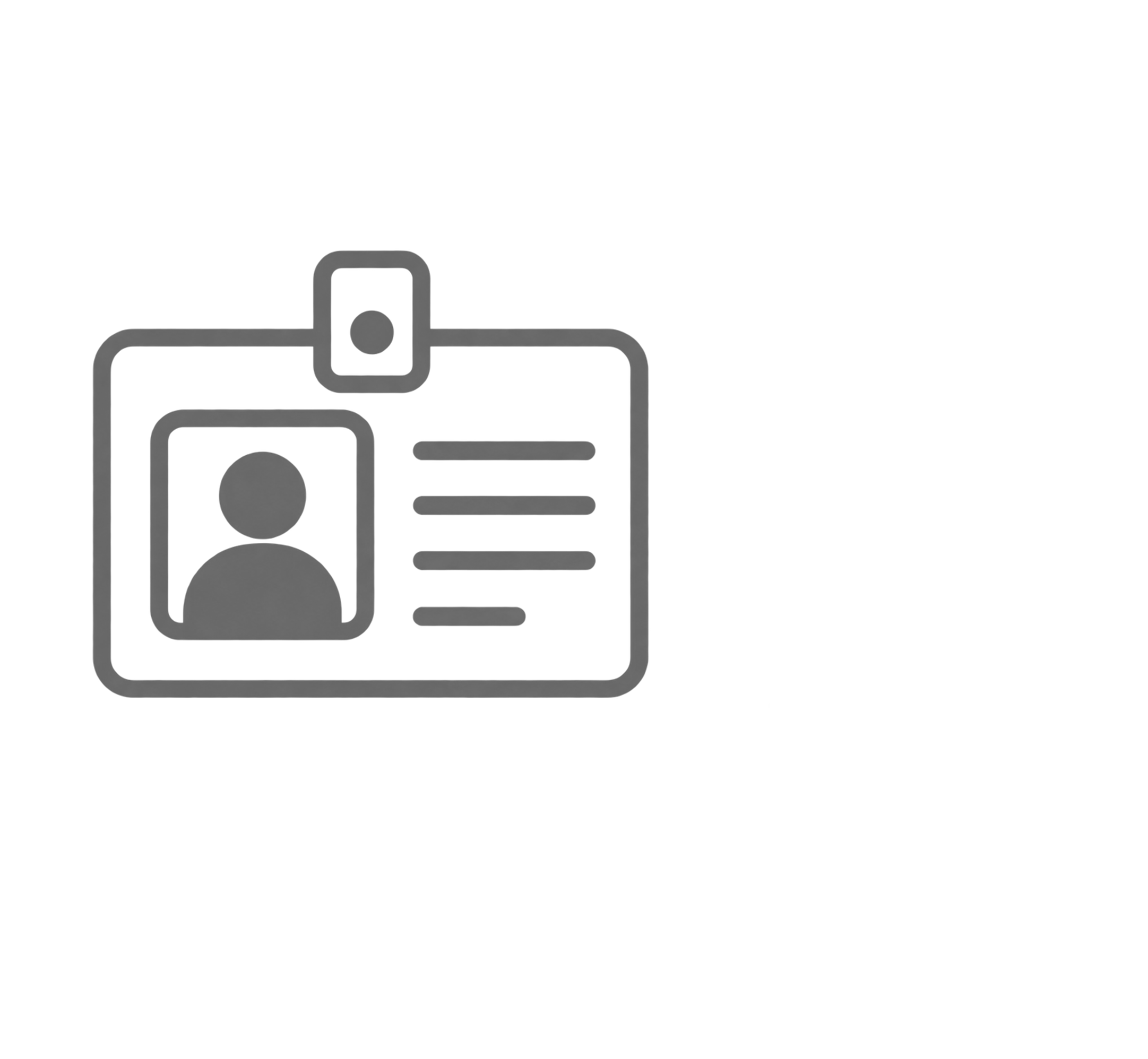An outline icon of an ID card or badge, showing a profile picture placeholder and lines for text.