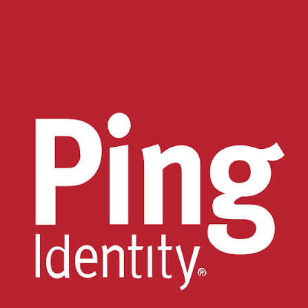Ping Identity logo with white text 'Ping Identity' on a red background.
