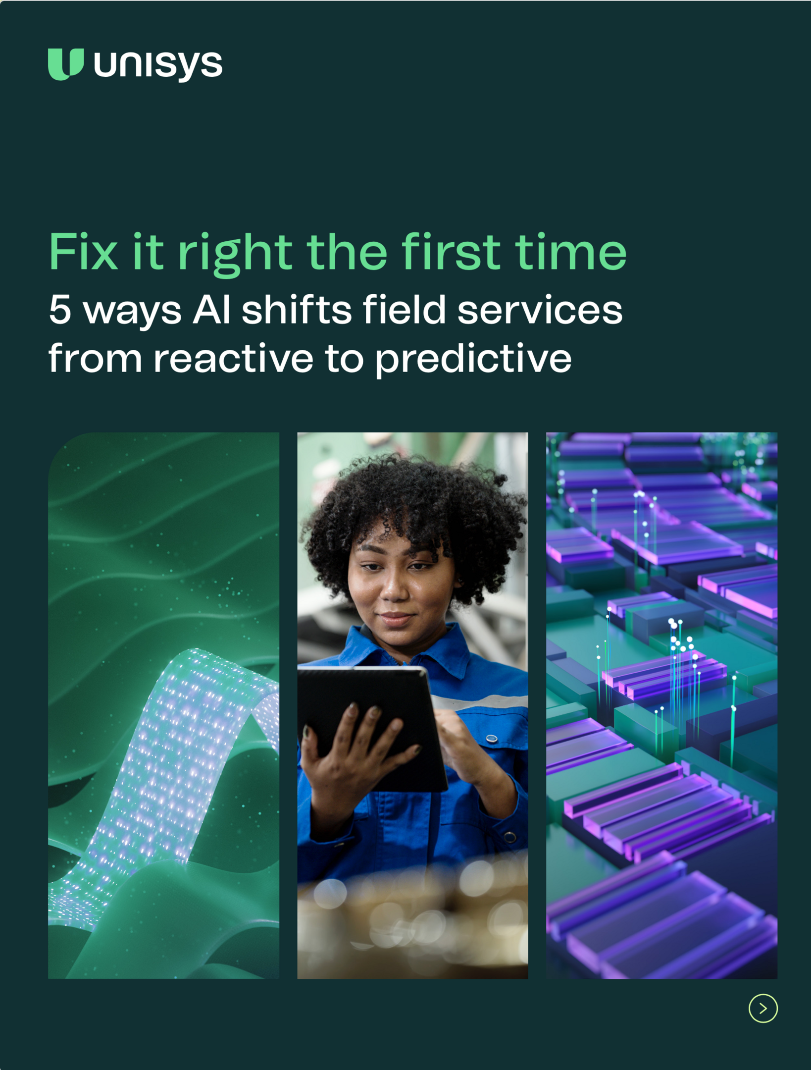 Woman with tablet, abstract digital elements. AI shifts field services from reactive to predictive.