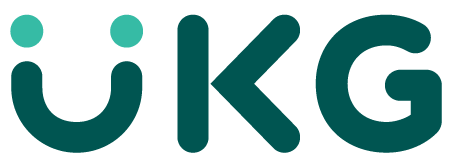 The UKG logo features a stylized dark green 'U' resembling a smiling face with two teal dots, followed by 'KG'.