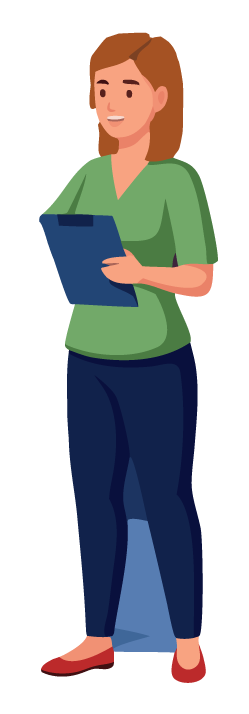 A smiling woman in a green top and dark pants holds a clipboard, standing upright.