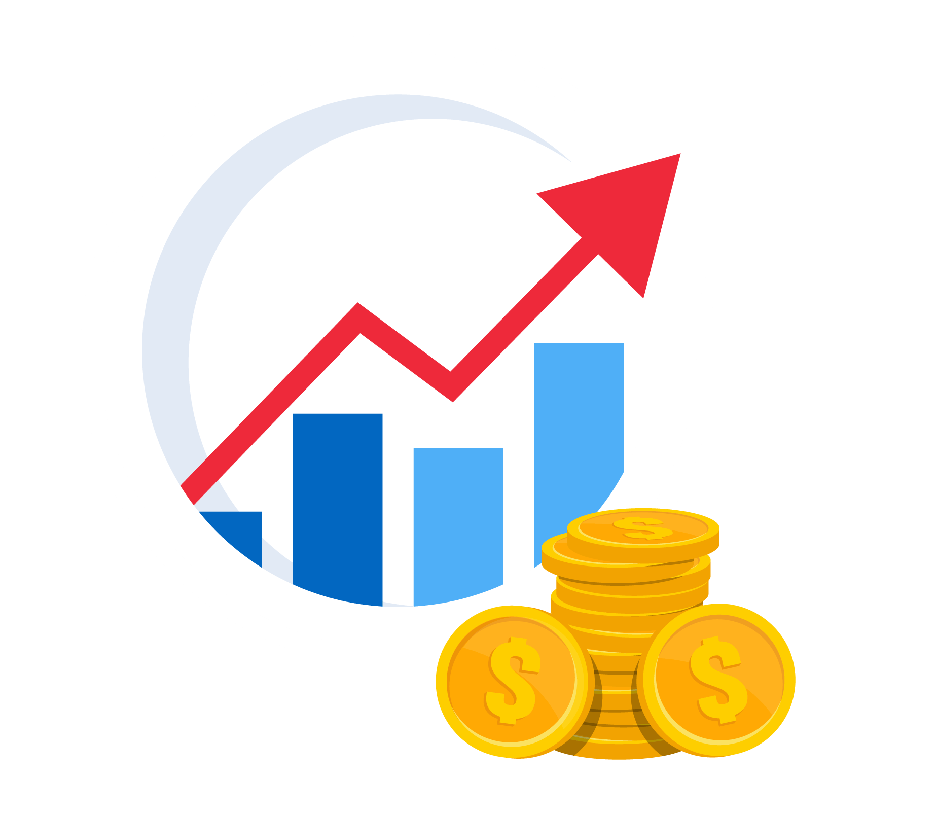 Financial growth chart with an upward arrow and gold coins.