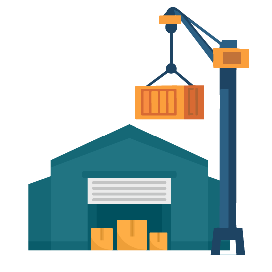 Cartoon warehouse, crane lifting container, and packages.