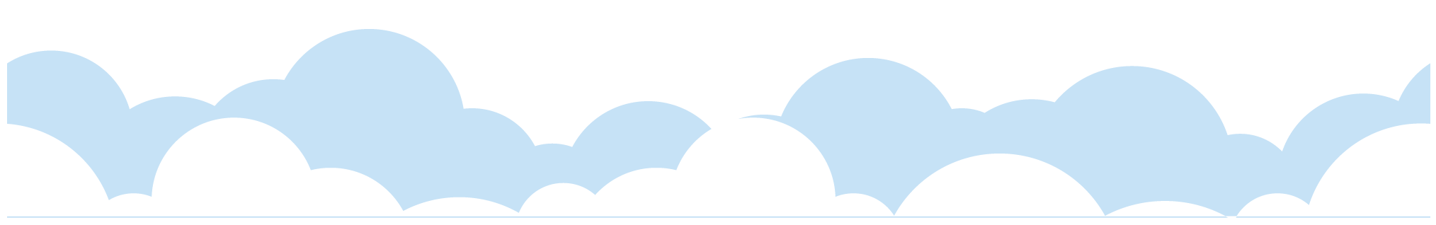 A horizontal banner with layers of light blue and white stylized clouds against a dark green background.