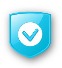 Blue glossy shield with a white circle and blue checkmark, symbolizing security, protection, or success.