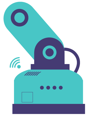 Stylized teal and purple robotic arm with Wi-Fi symbol.