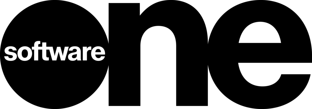 The SoftwareOne logo, featuring "software" in white within a black circle on the left, and the word "one" in large black letters extending to the right, all on a dark green background.