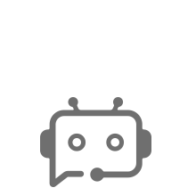 A gray icon of a robot head wearing a headset with a speech bubble, representing a chatbot.