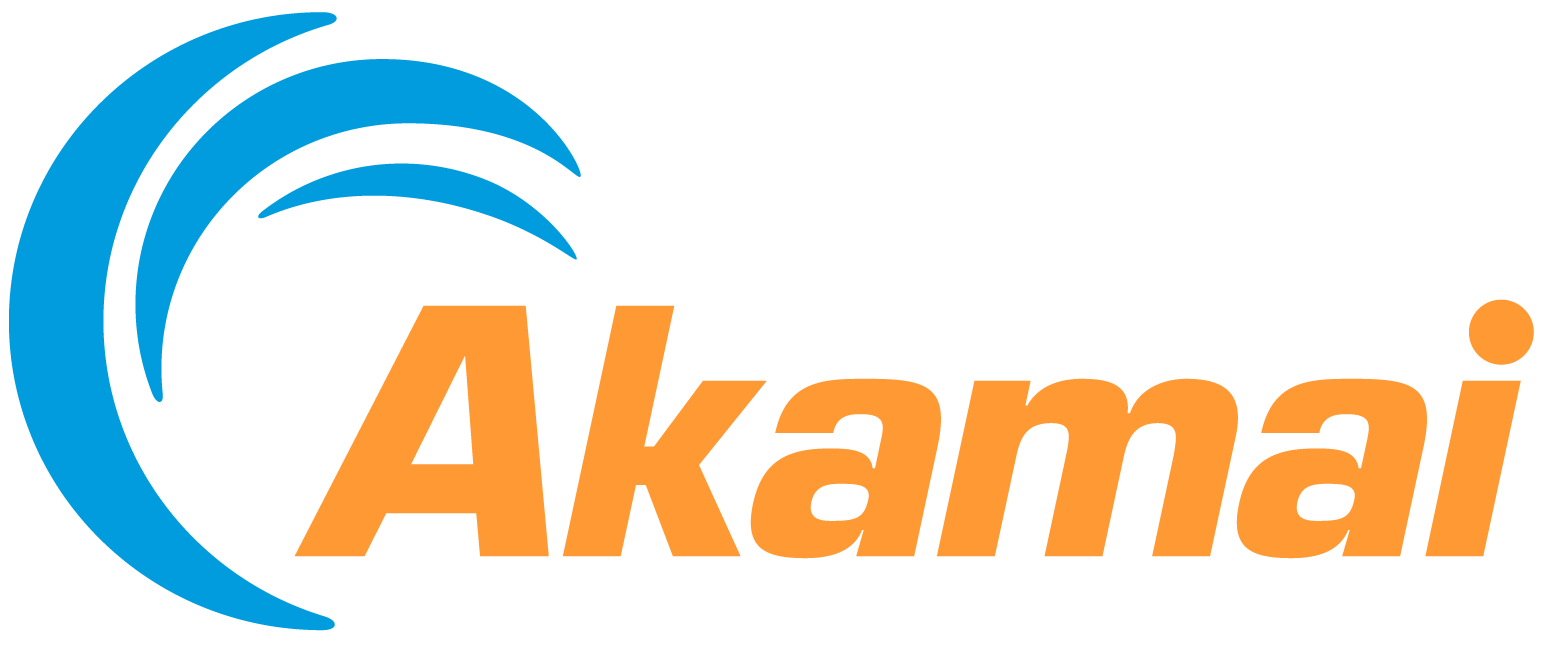 Akamai logo with blue graphic and orange text on a green background.